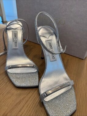 Jimmy Choo Silver Glitter Strappy Slingback Heels